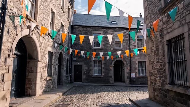 Festive flags hang above a charming cobblestone street in an old town
