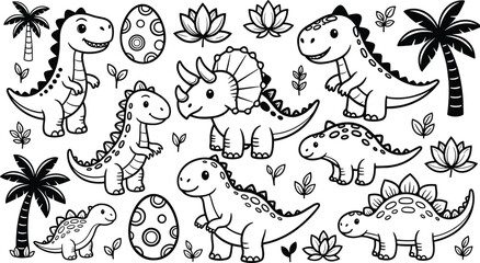 Cute cartoon dinosaur coloring page collection with eggs and tropical plants, black and white outline vector illustration © Nayan Stock