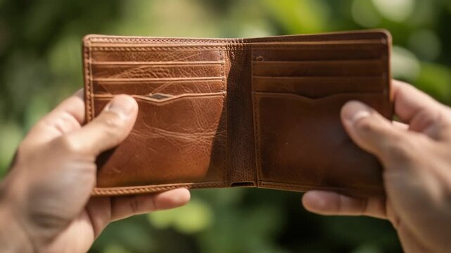 Closeup of hands holding an empty brown leather wallet outdoors with blurred green background