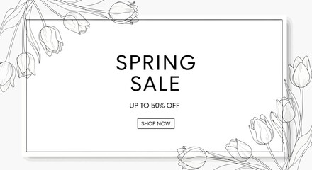 Obraz premium Spring Sale Banner with Tulip Flowers Illustration, Up to 50% Off, Shop Now Button