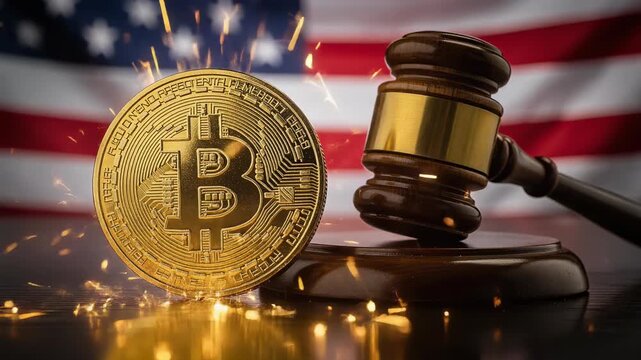 Golden bitcoin coin with judge gavel and American flag representing cryptocurrency law and regulation