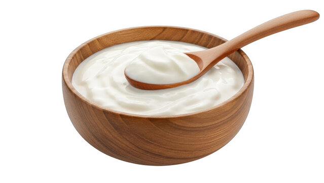 Wooden bowl with yogurt and spoon isolated on transparent background