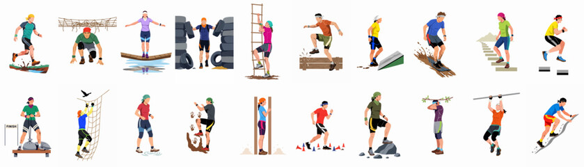 Dynamic illustration set of athletes overcoming diverse obstacles in an adventure race, featuring mud, climbing, and balance challenges.