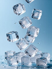 Falling Ice Cubes in Clear Blue Background