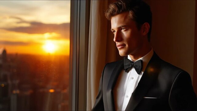 A distinguished man in formal attire gazes thoughtfully out of a large window during sunset, with warm orange and yellow tones illuminating the