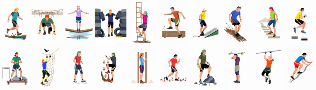 Dynamic illustration set of athletes overcoming diverse obstacles in an adventure race, featuring mud, climbing, and balance challenges.