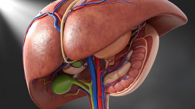 Detailed 3D rendering of the human liver and its blood vessels.