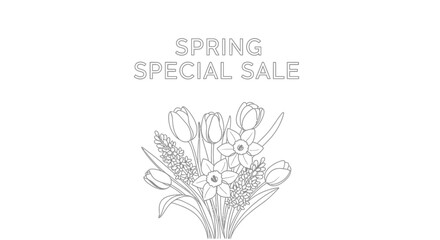 Obraz premium Spring Special Sale - Line Art Floral Bouquet with Tulips and Daffodils