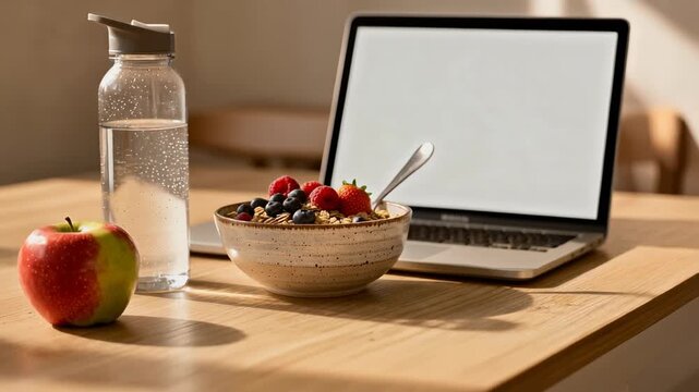 Healthy breakfast with fresh berries granola apple and water bottle on wooden table near laptop in cozy home setting
