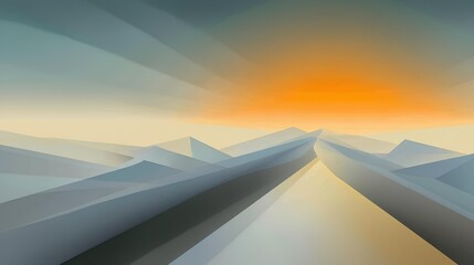 Abstract Mountainscape at Sunrise: Witness the ethereal beauty of a mountainous landscape at dawn, with a vibrant sun rising over the distant peaks.
