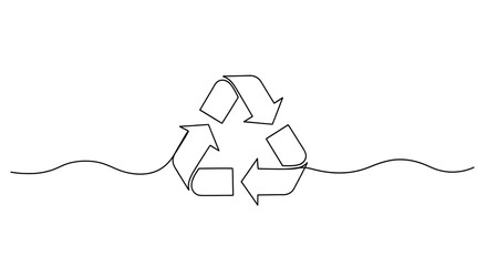 Continuous, single-line drawing of a recycling symbol against a stark white background
