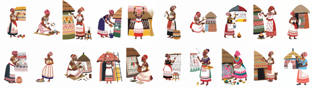 African Ndebele women painting traditional vibrant geometric patterns on homes and pottery, celebrating rich cultural artistry.