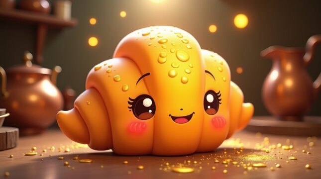 Lindo personaje de croissant de dibujos animados en 3D que brilla con un aura dorada mantecosa, escena de cocina parisina