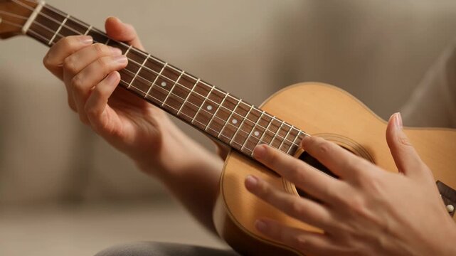 Person skillfully playing acoustic guitar with blurred background - 4k video