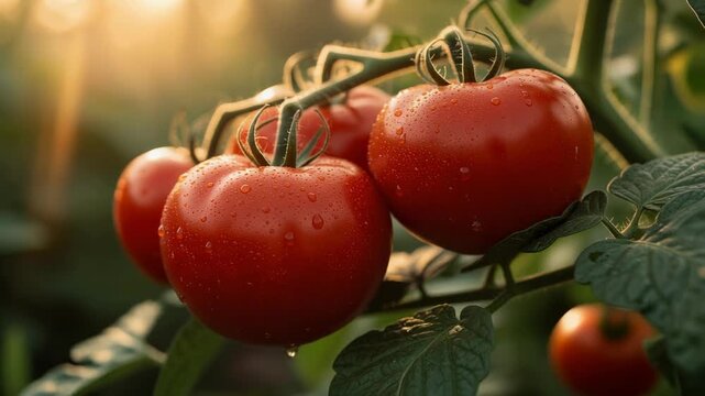 Fresh ripe red tomatoes on vine with water droplets in sunlight garden