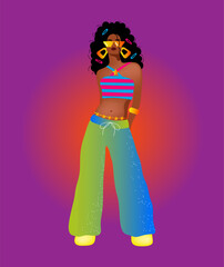 Illustration of a fashionable girl on a purple background.