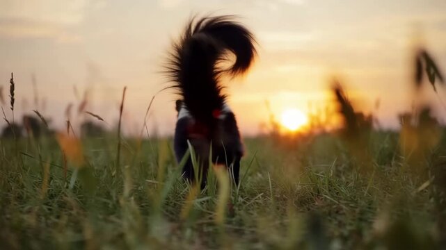 Skunk raising tail in warning posture at sunset dramatic silhouette