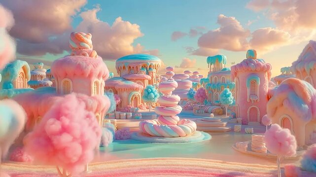 Whimsical candy land with pastel houses, marshmallow fountain, and cotton candy trees