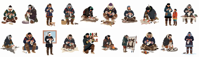 Indigenous Arctic Craftsmen and Women Practicing Traditional Skills like Sewing, Beading, and Leatherwork in Winter Clothing, Showcasing Cultural Heritage and Handmade Art © Asep