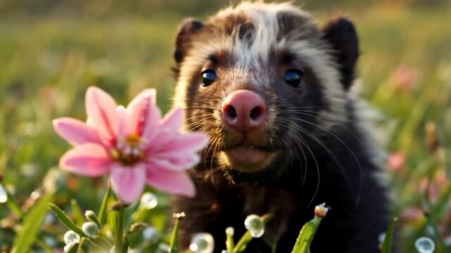 Cute skunk sniffing wildflower in meadow close up morning light