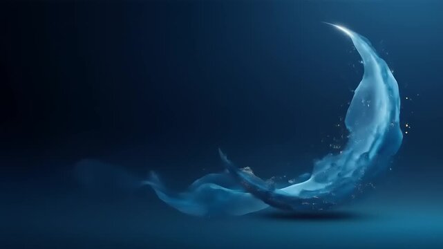 Abstract crescent shape formed by flowing luminous blue liquid against dark background