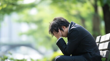 公園のベンチで頭を抱える日本人男性