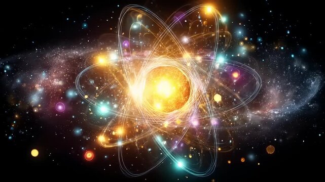 Glowing subatomic particle model superimposed over cosmic nebula and star fields