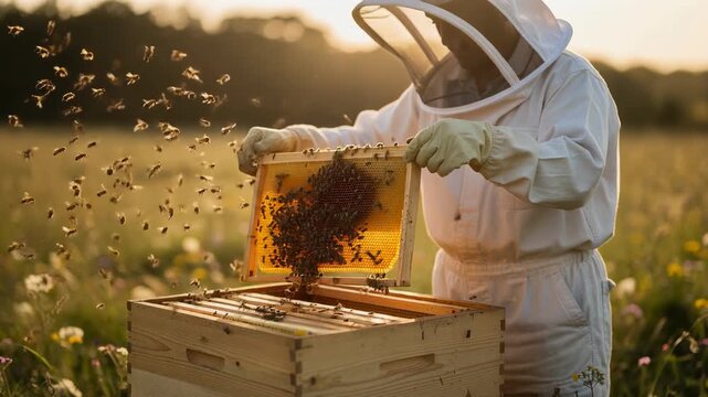 Beekeeper inspecting honeycomb with bees in a sunny flower field during golden hour