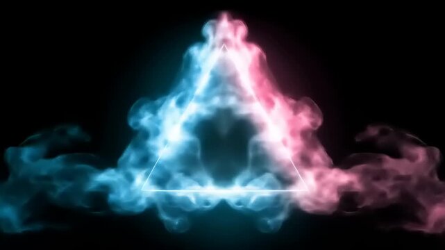 Symmetrical triangle shape formed by glowing pink and blue gaseous energy on black background