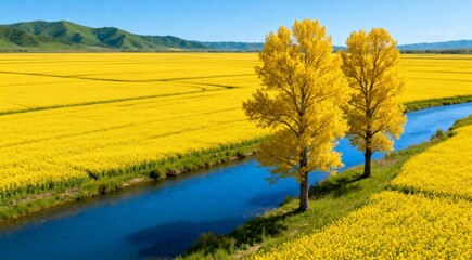 Naklejka premium Yellow Fields with Two Trees and River