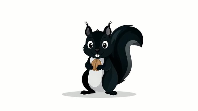 A cute black squirrel cartoon character standing and holding a nut, isolated on a white background. Adorable animal vector illustration