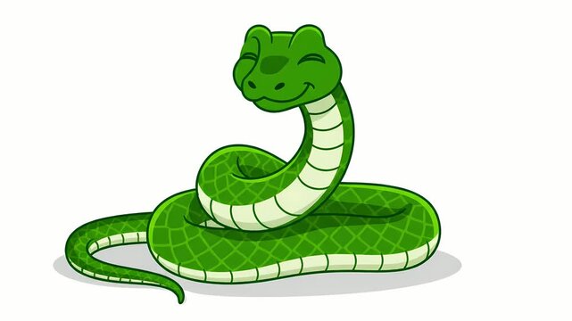 Vector illustration of a cute and friendly green snake coiled up. Happy cartoon reptile mascot character with a contented smile, isolated on a white background