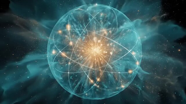 Glowing atomic structure encased in translucent sphere amidst cosmic nebula