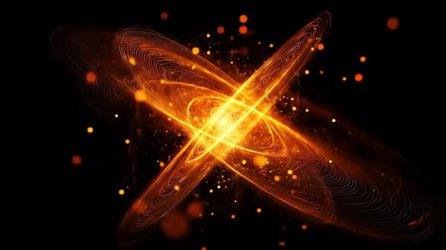 Fiery abstract representation of subatomic structure with glowing energy rings