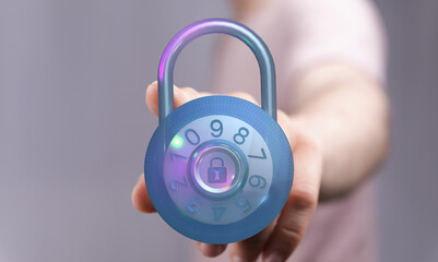 Close-up of a hand holding a digital padlock, emphasizing security, privacy, and protection. Great for illustrating data protection,