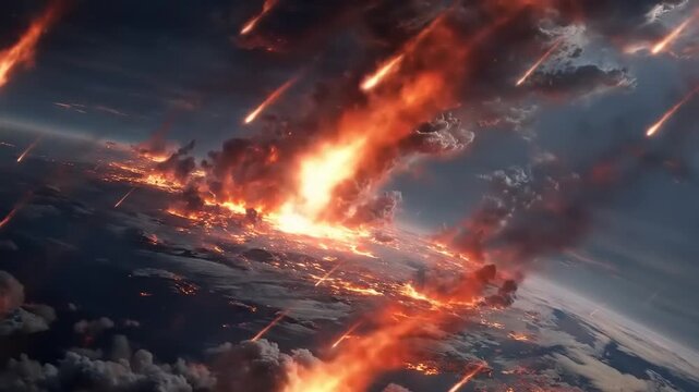 Planet surface bombarded by numerous fiery celestial objects under dark skies