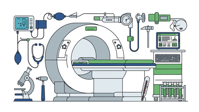 Detailed illustration of a medical MRI machine with various diagnostic equipment and monitors in a clinical setting.