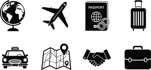 Black and white travel business icons vector set, globe airplane passport suitcase taxi map handshake briefcase symbols for tourism and professional design © Azizul360