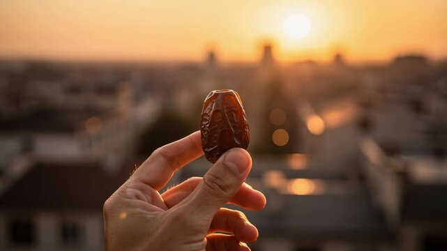 Hand holding a single date fruit with sunset cityscape background healthy snack nutritious natural food concept