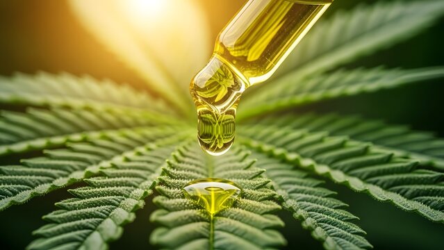 A dropper dropping cbd oil onto a cannabis leaf with a bright background light