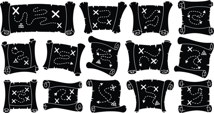 Black and white treasure map vector illustrations, rolled parchment adventure icons with paths arrows landmarks X marks for pirate storytelling and game design