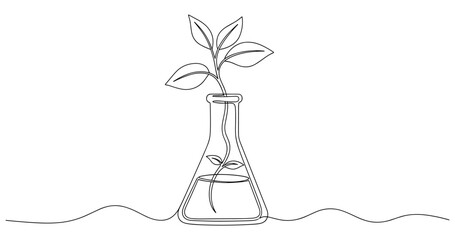 Continuous line drawing of plant in flask symbolizing growth and science. no editable stroke