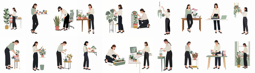 Diverse women engaging in various houseplant care activities: watering, potting, pruning, and nurturing indoor greenery in office and home settings. © Asep
