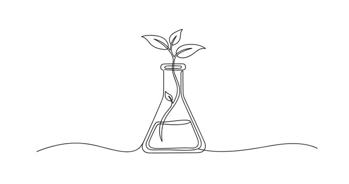 Line art of plant in flask symbolizing growth and science. no editable stroke