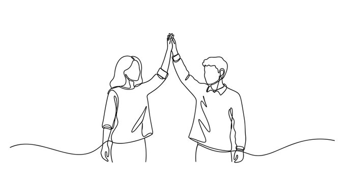 Continuous line art of high-fiving male and female adults. no editable stroke