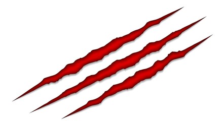 Graphic of three diagonal red claw marks on a white background, suggesting a scratch