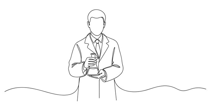 Outline of male scientist holding flask in lab coat. no editable stroke