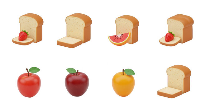 isometric food art bread slices and fruit creating colorful and healthy abstract compositions for culinary and diet illustrations
