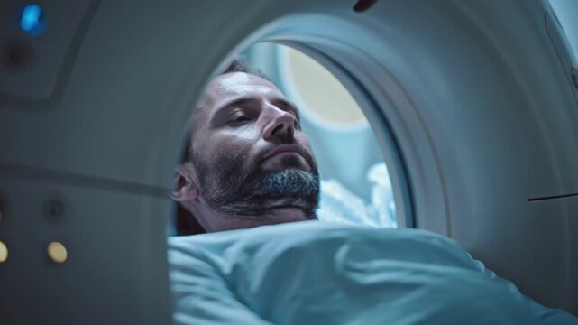 A man in a white lab coat stands in front of a large MRI machine