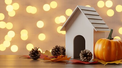 Obraz premium Cozy autumn scene with a miniature house, pumpkin, pinecones, and warm bokeh lights in the background